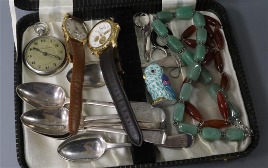 A set of silver spoons, jewellery, watches etc.